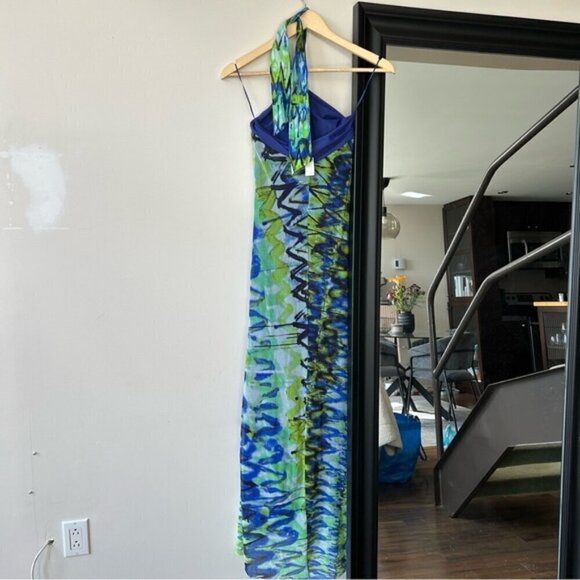 VINTAGE JEAN PAUL GAULTIER HALTER NECK CHEVRON PRINT MESH MAXI DRESS SZ M - Picture 8 of 12